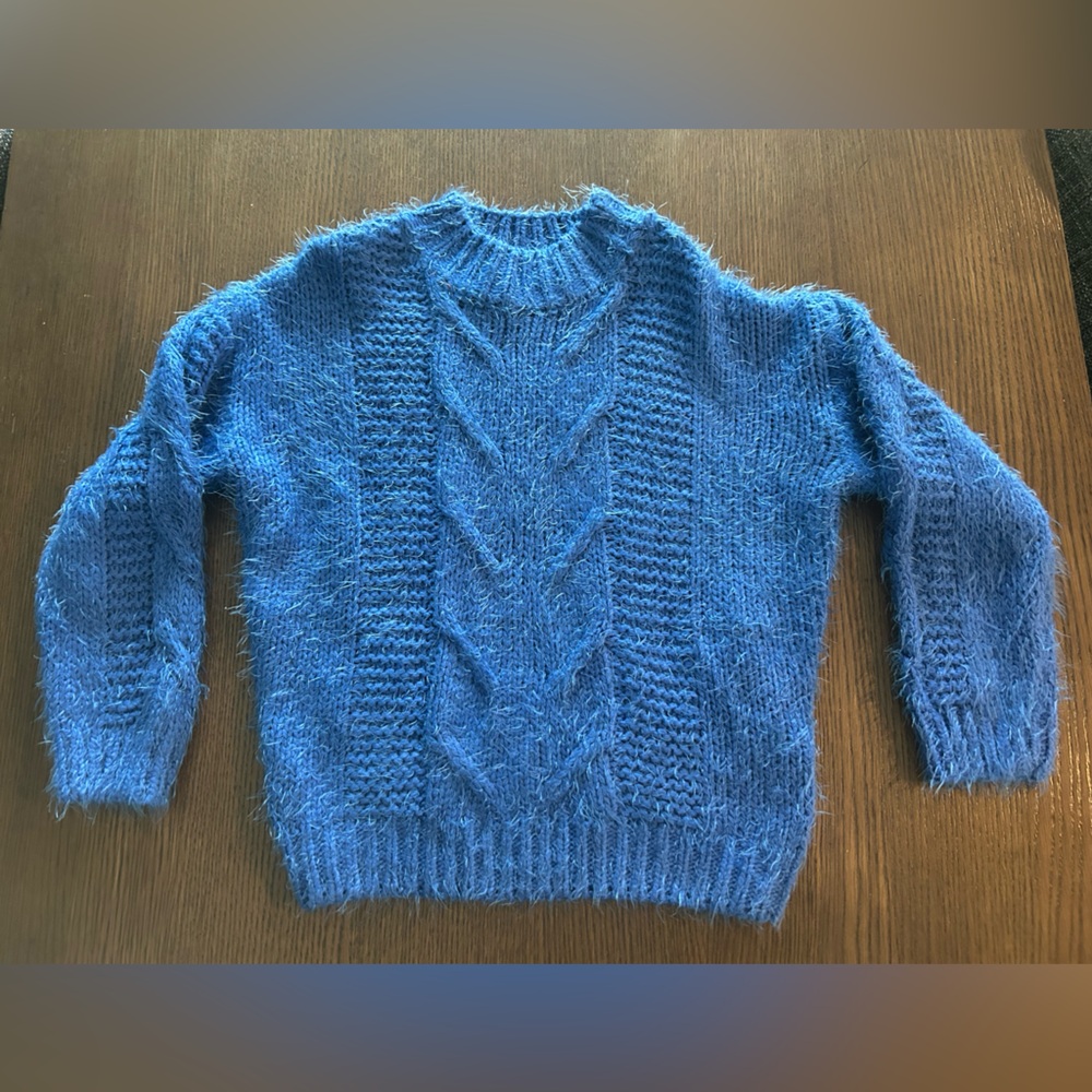 Renee C. Fuzzy Blue Cable Knit Crewneck Sweater
